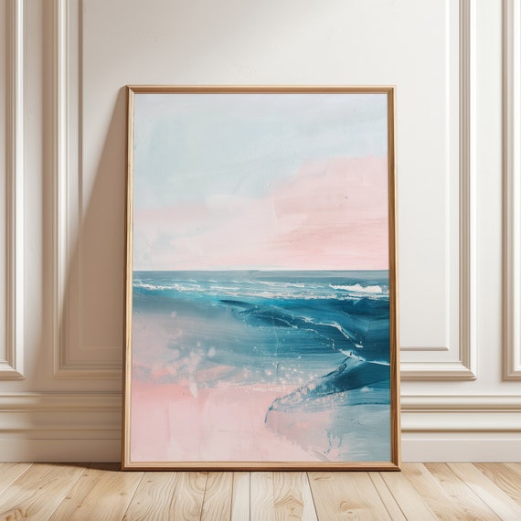 Pink Abstract Beach Painting Coastal Ocean Wall Art Pastel Summer Seascape Print