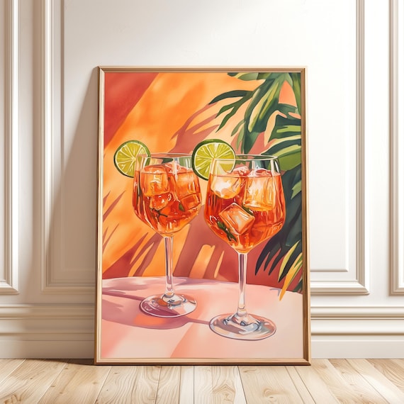 Aperol Spritz Cocktail Two Glasses Bar Cart Art Painting Poster