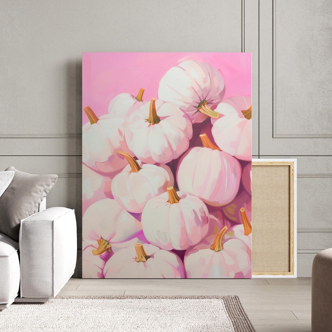 White Pumpkins, Pink Autumn Halloween Art Print - Image 3