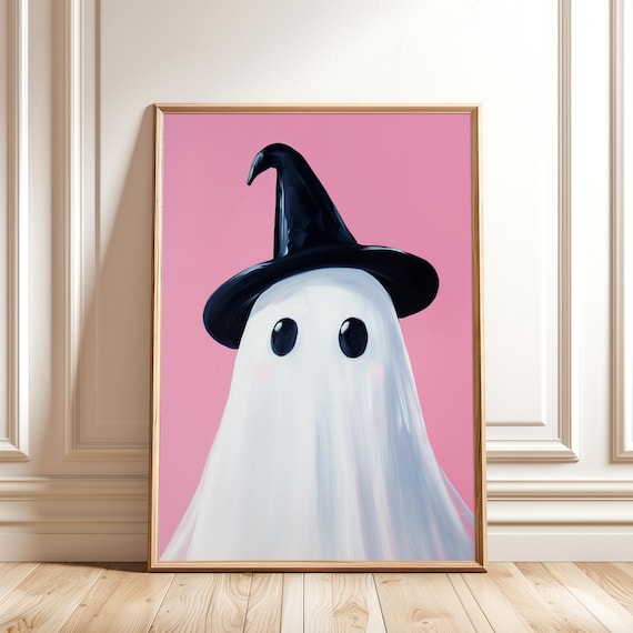 Ghost With Witch Hat Painting, Cute Halloween Decor