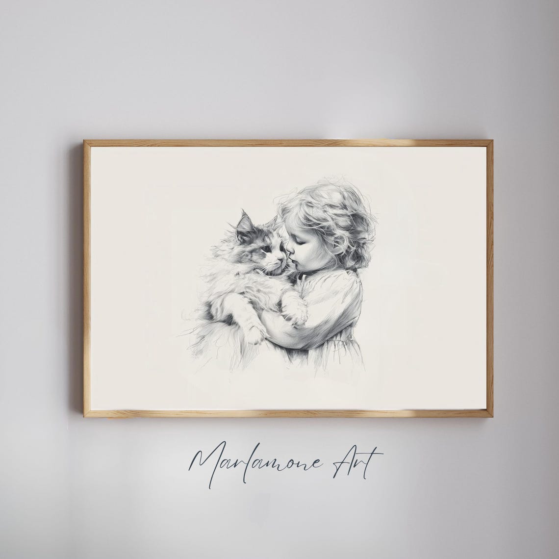 Child Hugging Kitten Pencil Sketch Minimalist Nursery Poster