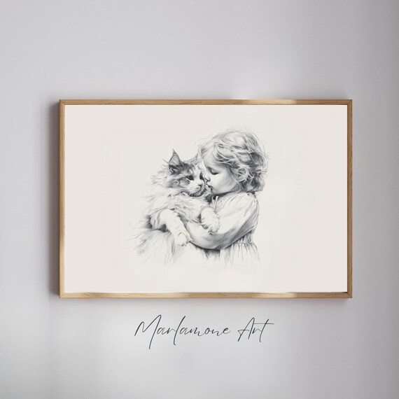 Child Hugging Kitten Pencil Sketch Minimalist Nursery Poster