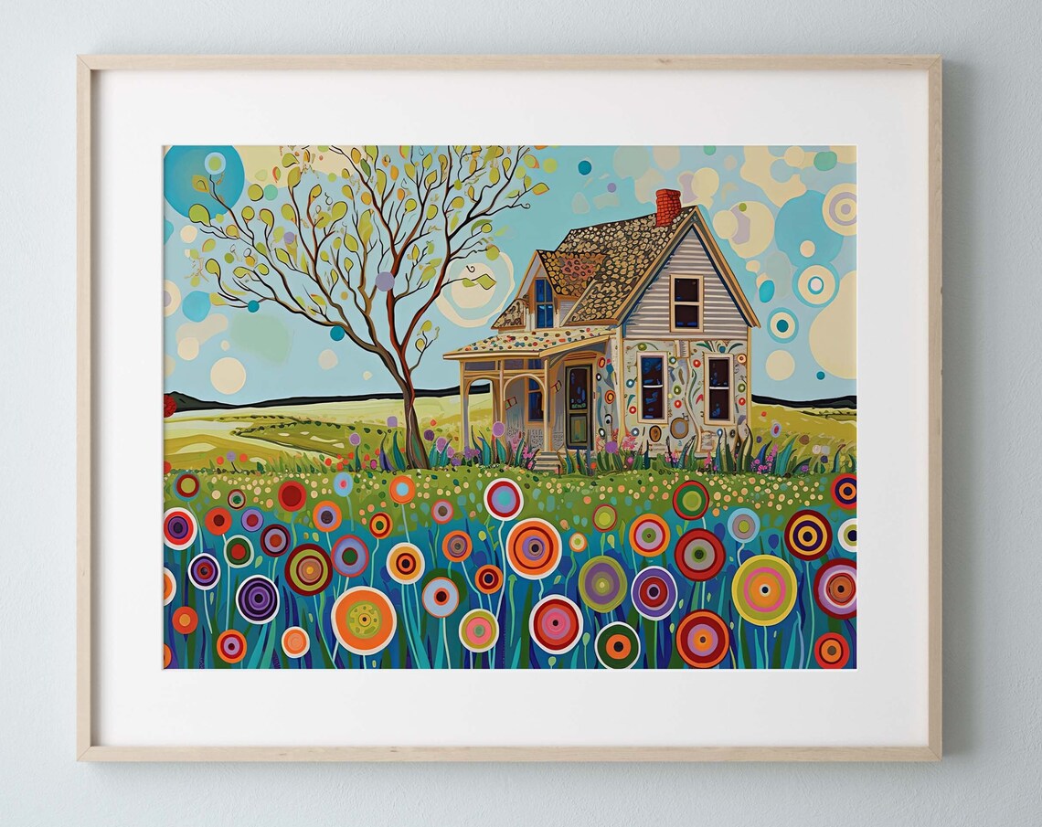 Cozy Homestead Art Print, Whimsical Meadow Landscape
