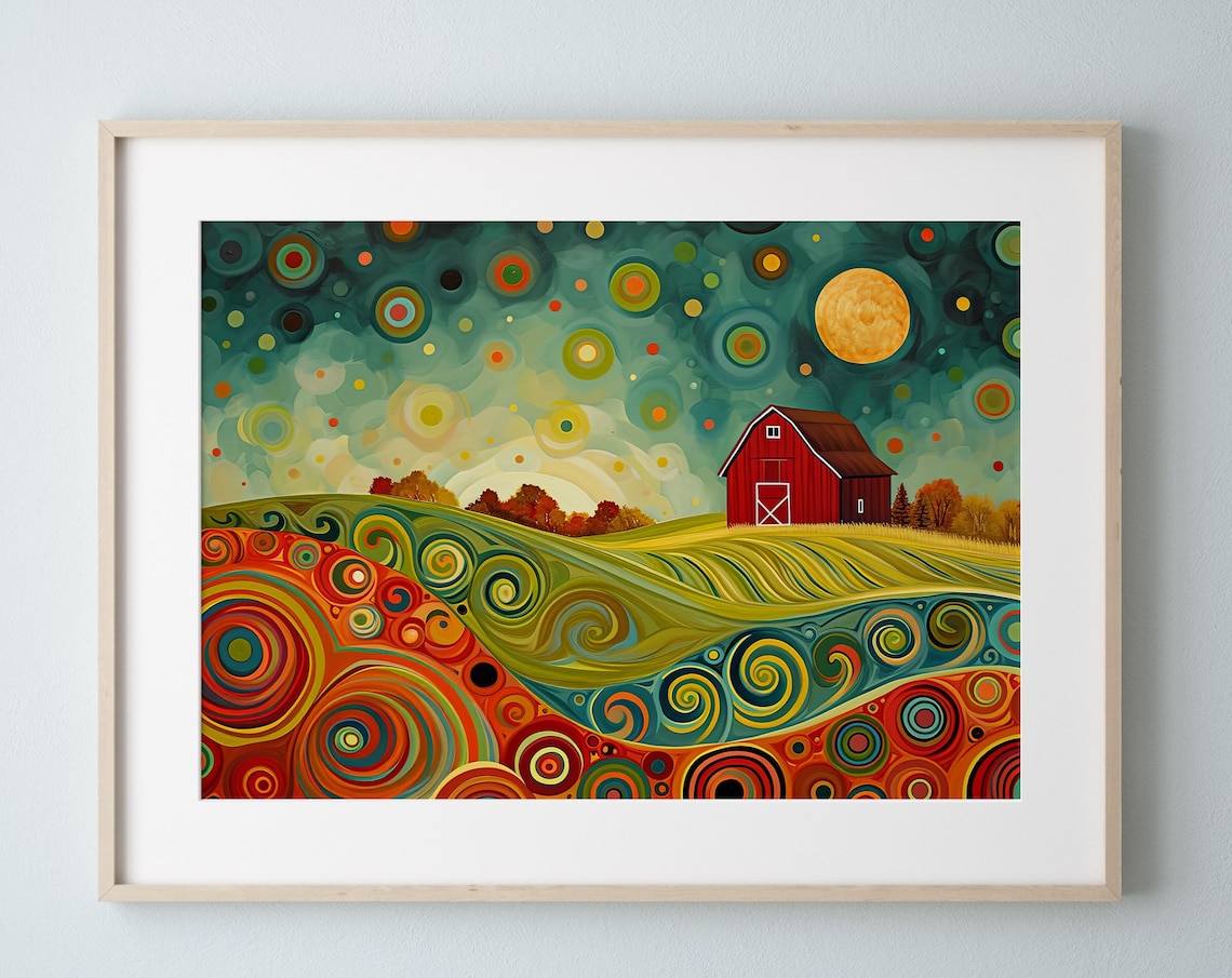 Red Barn Landscape, Whimsical Country Home Art Print