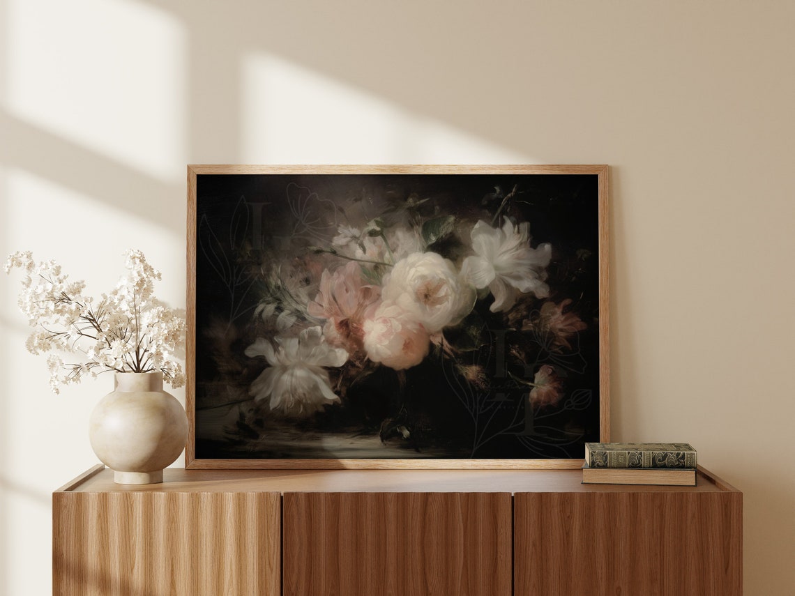 Moody Dark Floral Peony Bouquet on Black Vintage Botanical Wall Art - Image 3