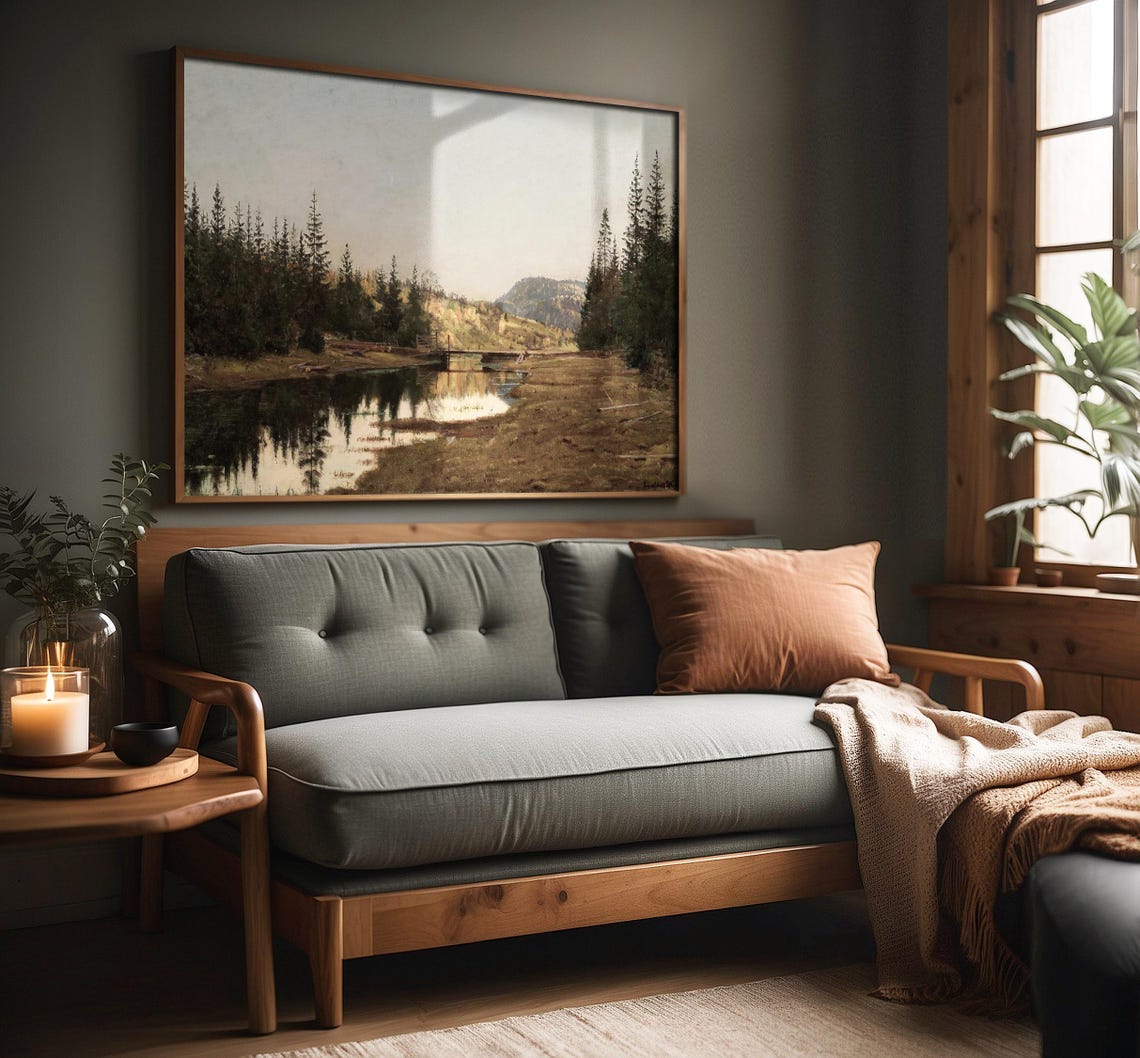 Forest Lake Dusk Pine Trees Mountain Vintage Landscape Art Poster - Image 4