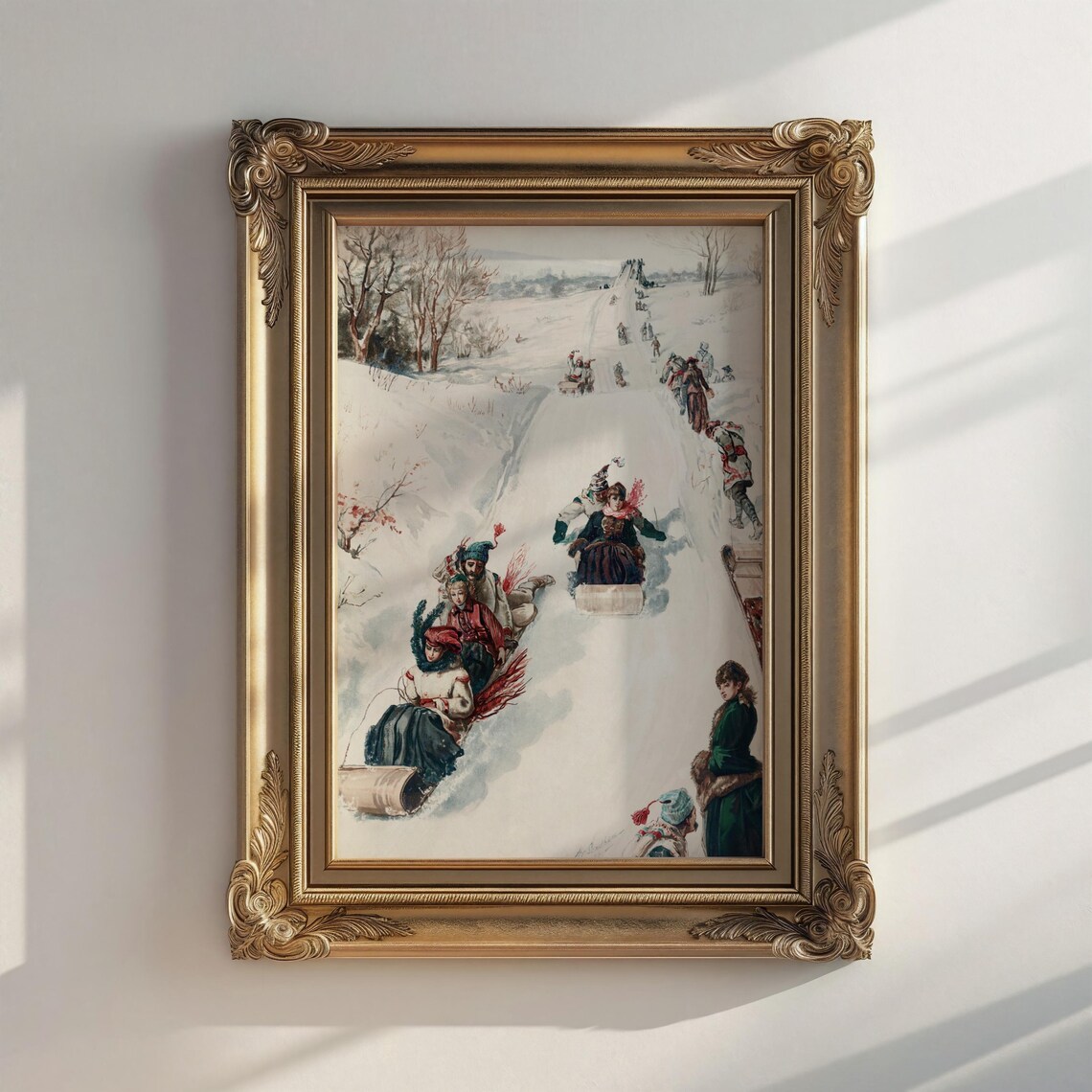 Vintage Winter Sledding Hill Scene Period Dress Snow Toboggan Art Print - Image 2