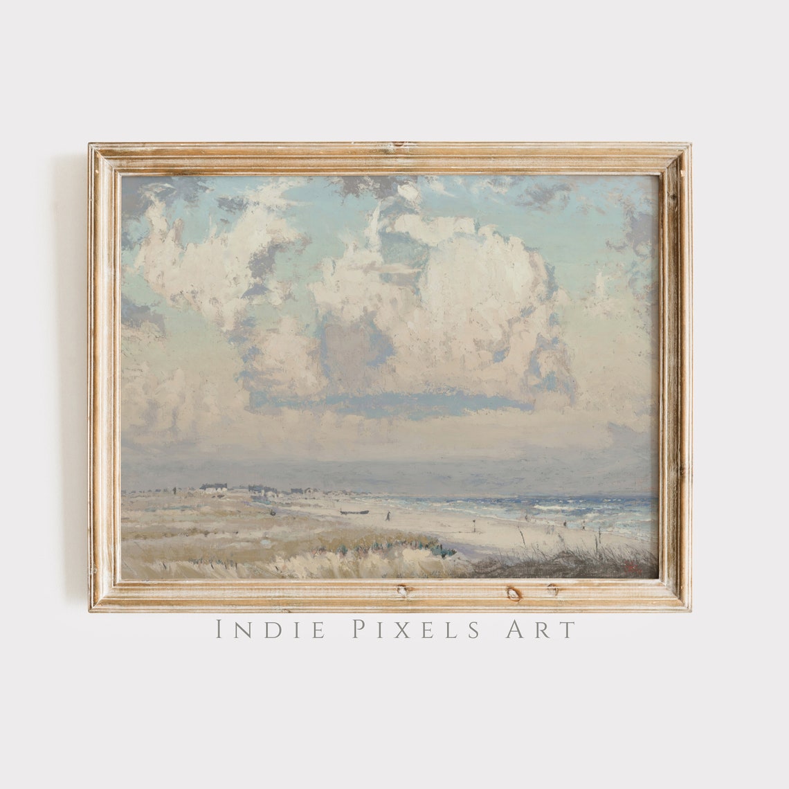 Neutral Beach Scene Vintage Painting with Clouds Coastal Wall Art