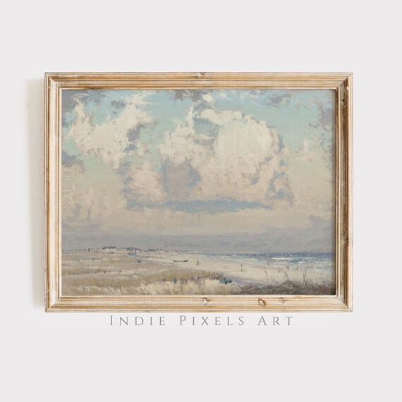 Neutral Beach Scene Vintage Painting with Clouds Coastal Wall Art