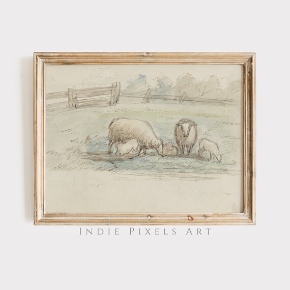 Vintage Sheep and Lambs Sketch Pasture Watercolor Farm Art Print
