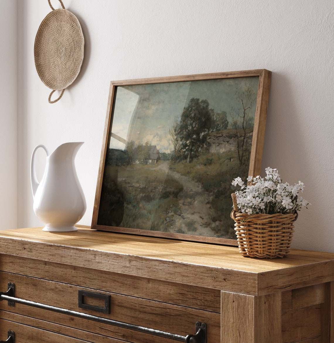 Rustic Cottage on Country Path Vintage Painting Moody Sky Wall Art - Image 4
