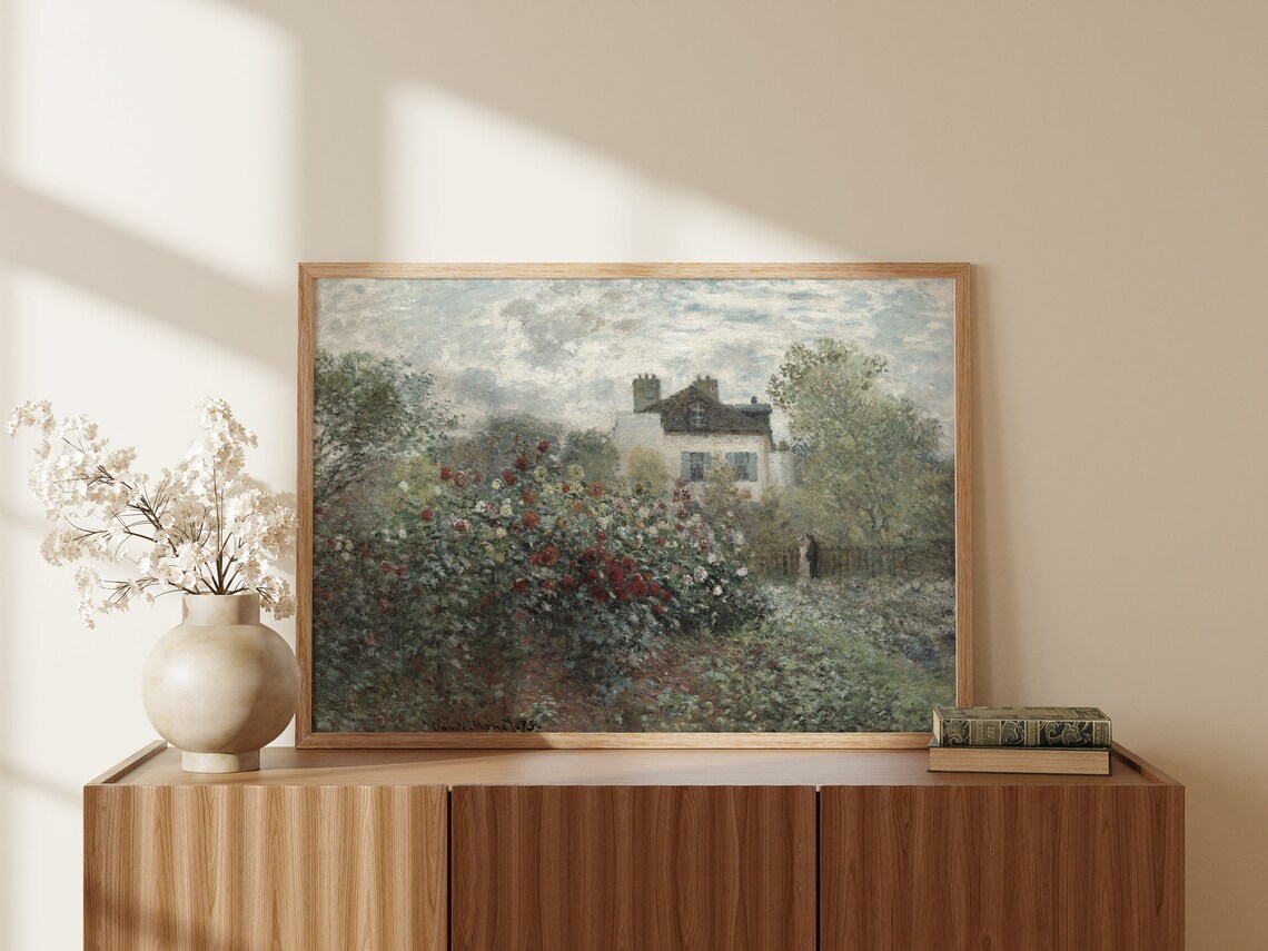 Impressionist Cottage Rose Garden Red Blooms Overcast Sky Art Wall Poster - Image 3