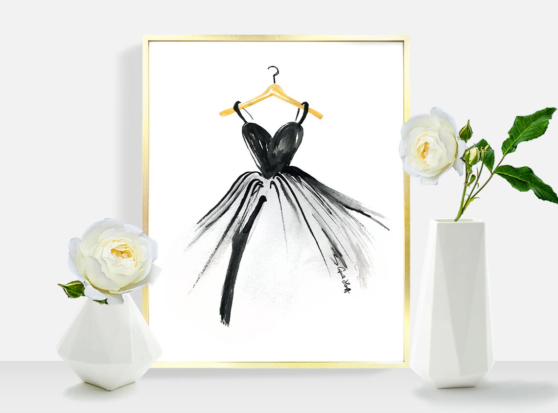 Black Little Dress on Hanger Fashion Watercolor Illustration Poster