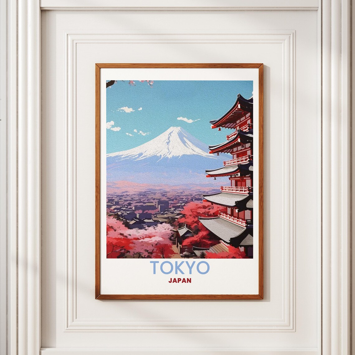 Tokyo Japan Mount Fuji Pagoda Cherry Blossom Vintage Travel Poster