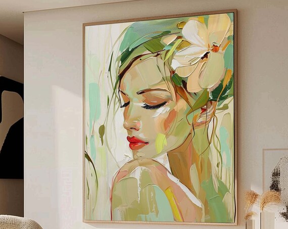 Abstract Woman Profile Red Lips White Flower Green Texture Wall Poster