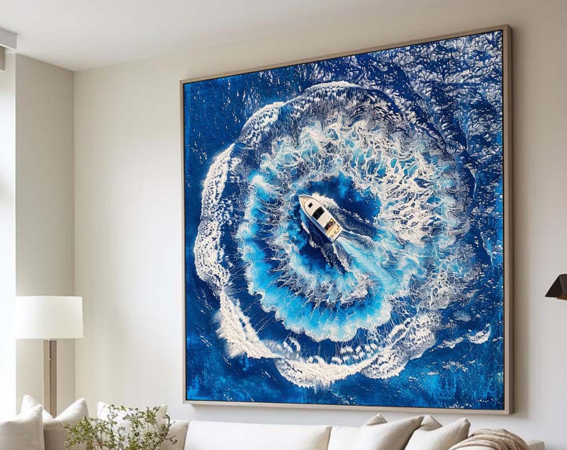 Aerial Ocean View Boat Circling Blue Wave Ring Nautical Art Poster