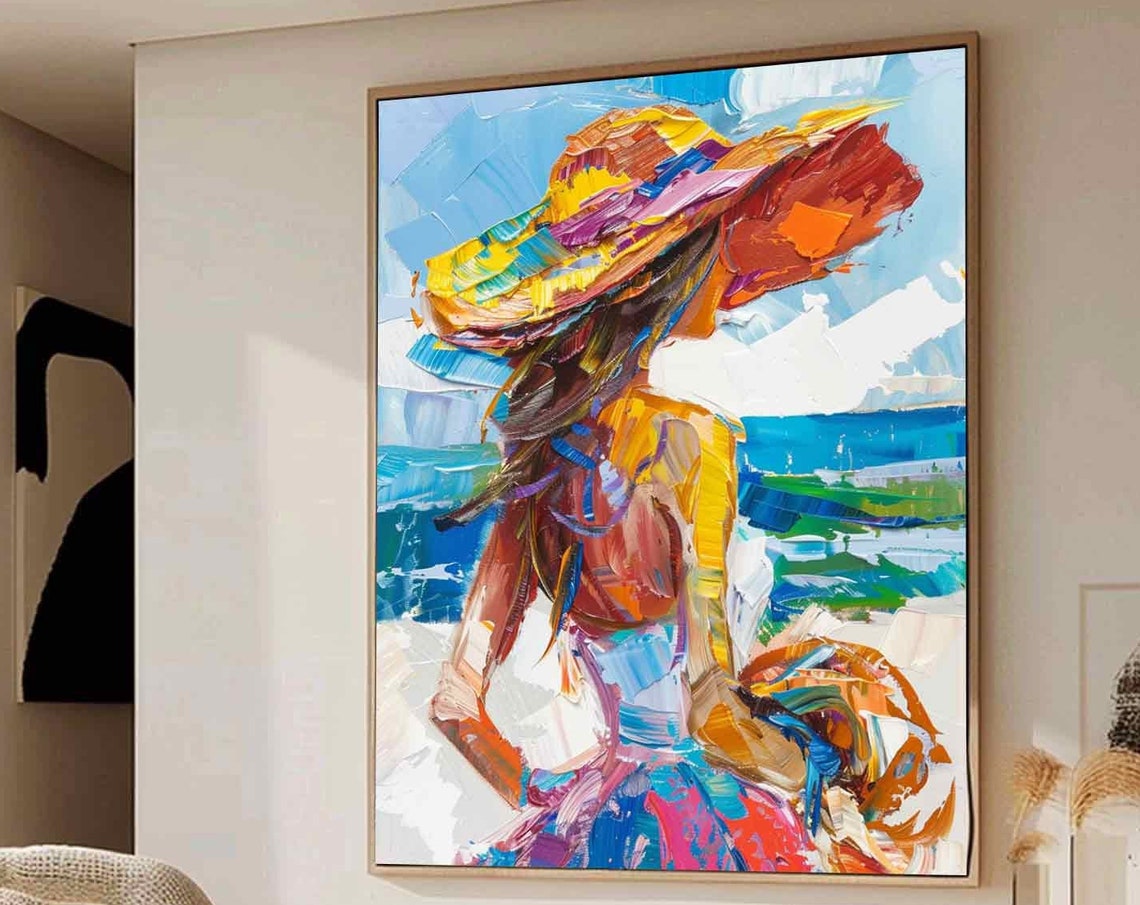 Woman Sun Hat Colorful Abstract Beach Ocean Waves Canvas Poster - Image 5
