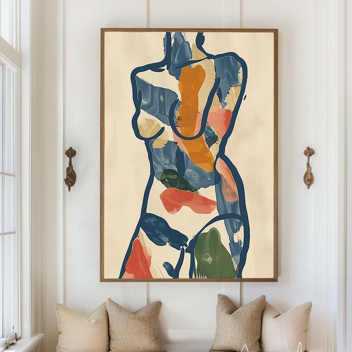 Abstract Woman Silhouette Beige Blue Orange Brush Line Art Wall Art - Image 5