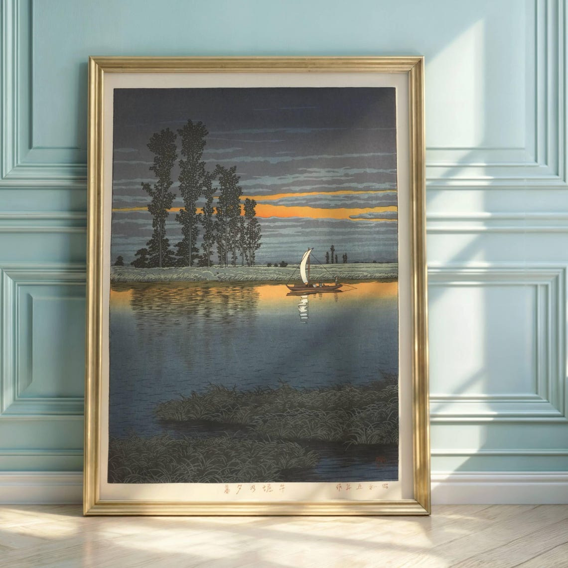 Hasui Kawase Twilight Poplars Sailboat Sunset River Art Poster