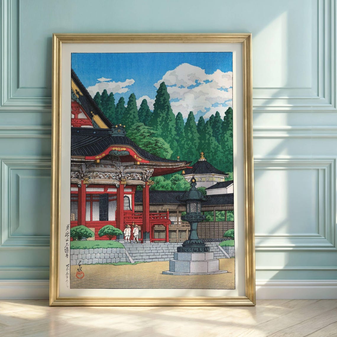 Red Japanese Temple Cedar Forest Woodblock Style Garden Poster