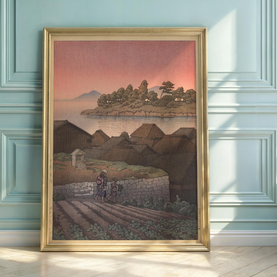 Hasui Kawase Amakusa Honryo Coastal Village Dusk Woodblock Poster