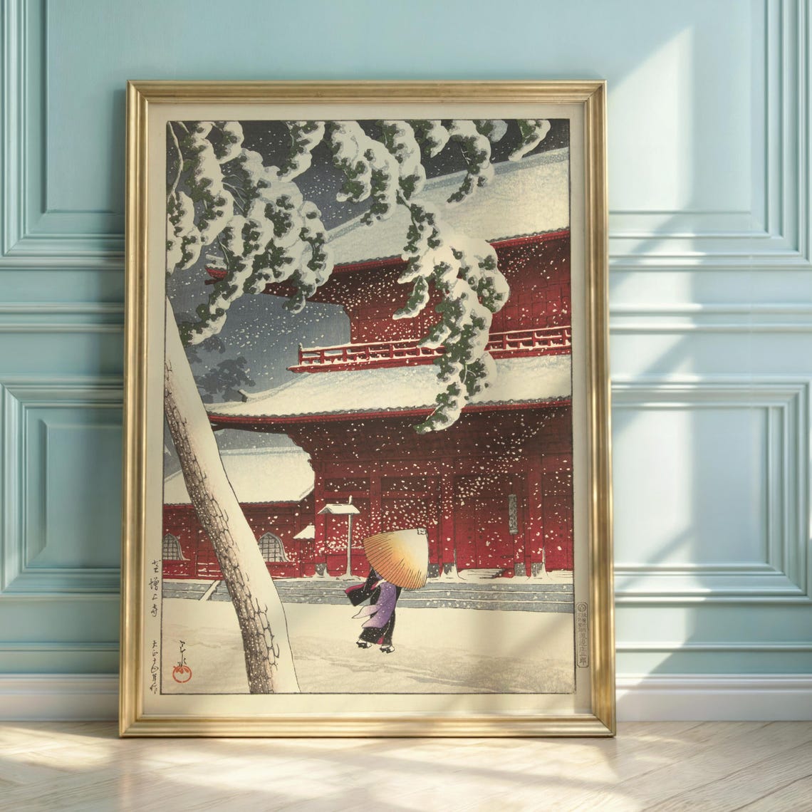 Hasui Kawase Winter Snow Zojoji Temple Japanese Woodblock Print