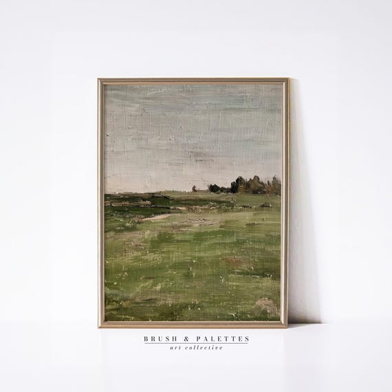 Green Field With Distant Trees Print Vintage Landscape Wall Art Rustic Nature Decor For Farmhouse Or Minimalist Homes