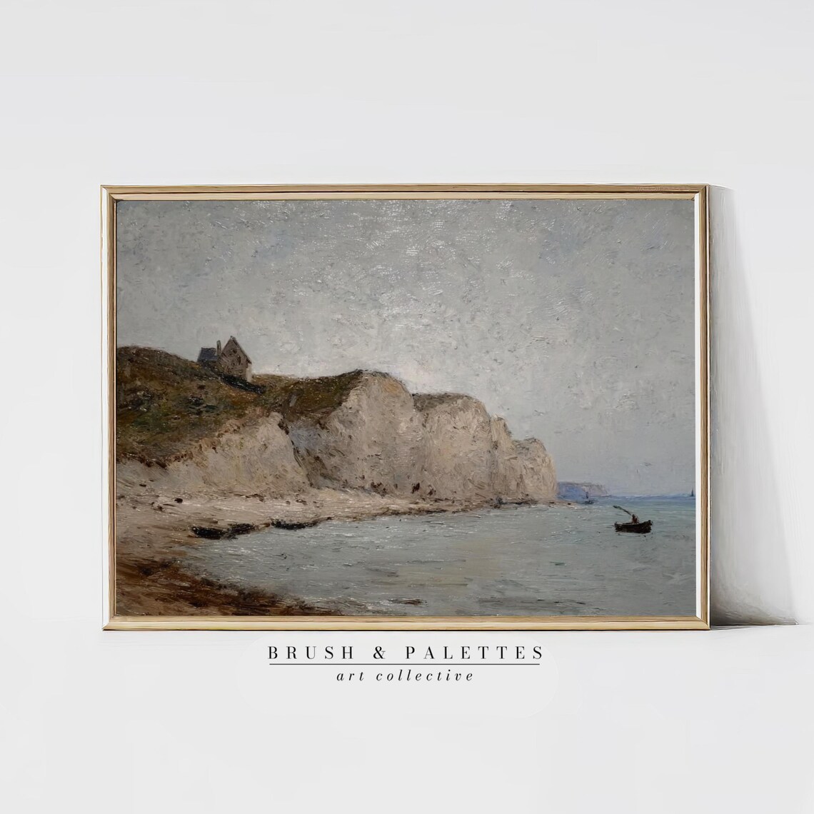 White Chalk Cliffs Coast Cottage Boats Vintage Seascape Painting Poster