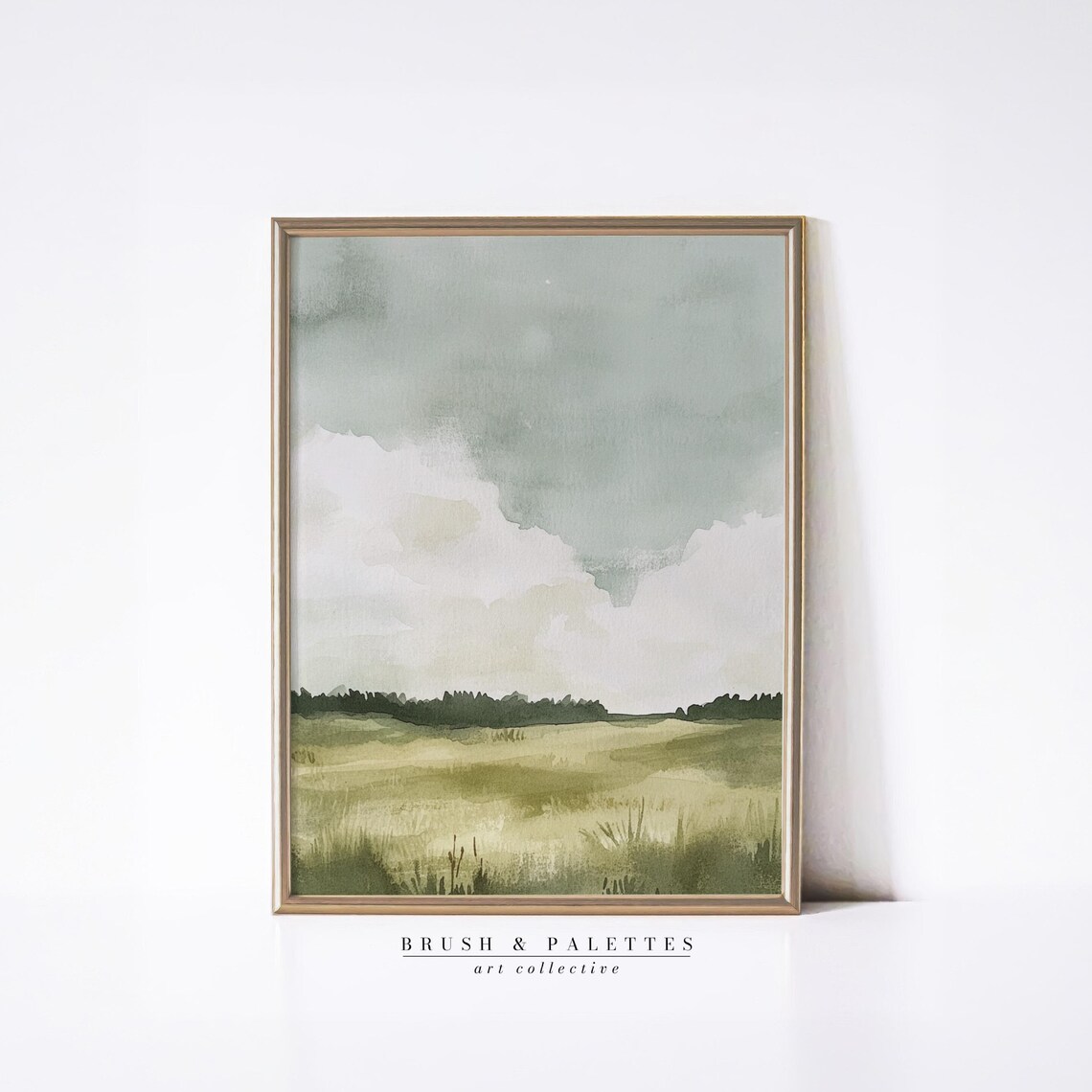 Green Pasture Horizon Watercolor Landscape Meadow Painting Poster