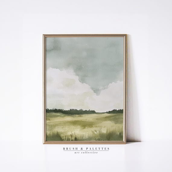 Green Pasture Horizon Print Watercolor Landscape Wall Decor Peaceful Nature Art For Minimalist Or Farmhouse Homes