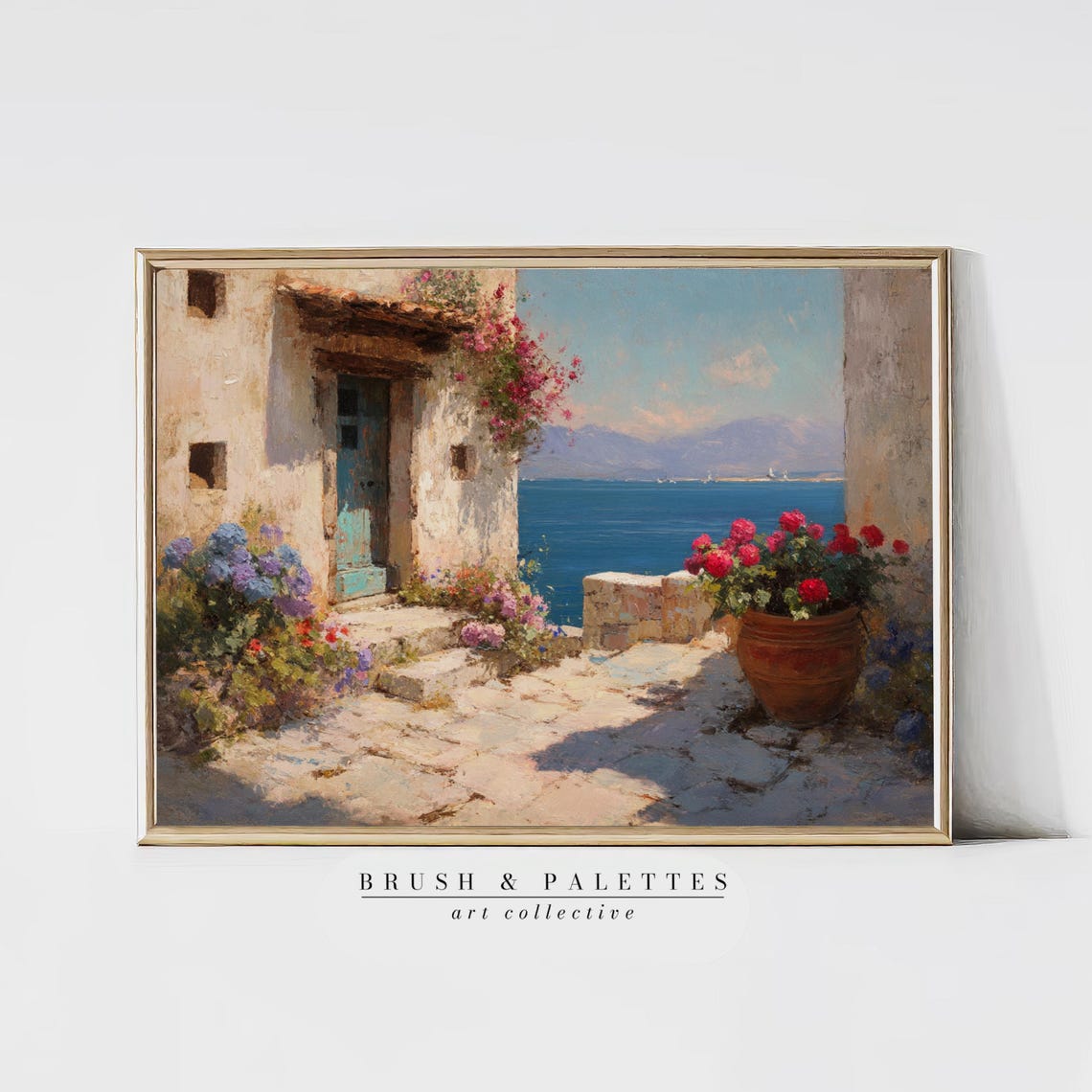 Greek Coastal Courtyard Painting, Mediterranean Travel Poster