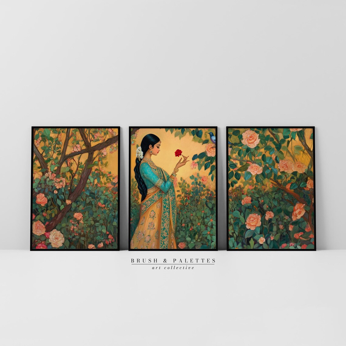 Indian Woman In Rose Garden Elegant Floral Triptych Art Print
