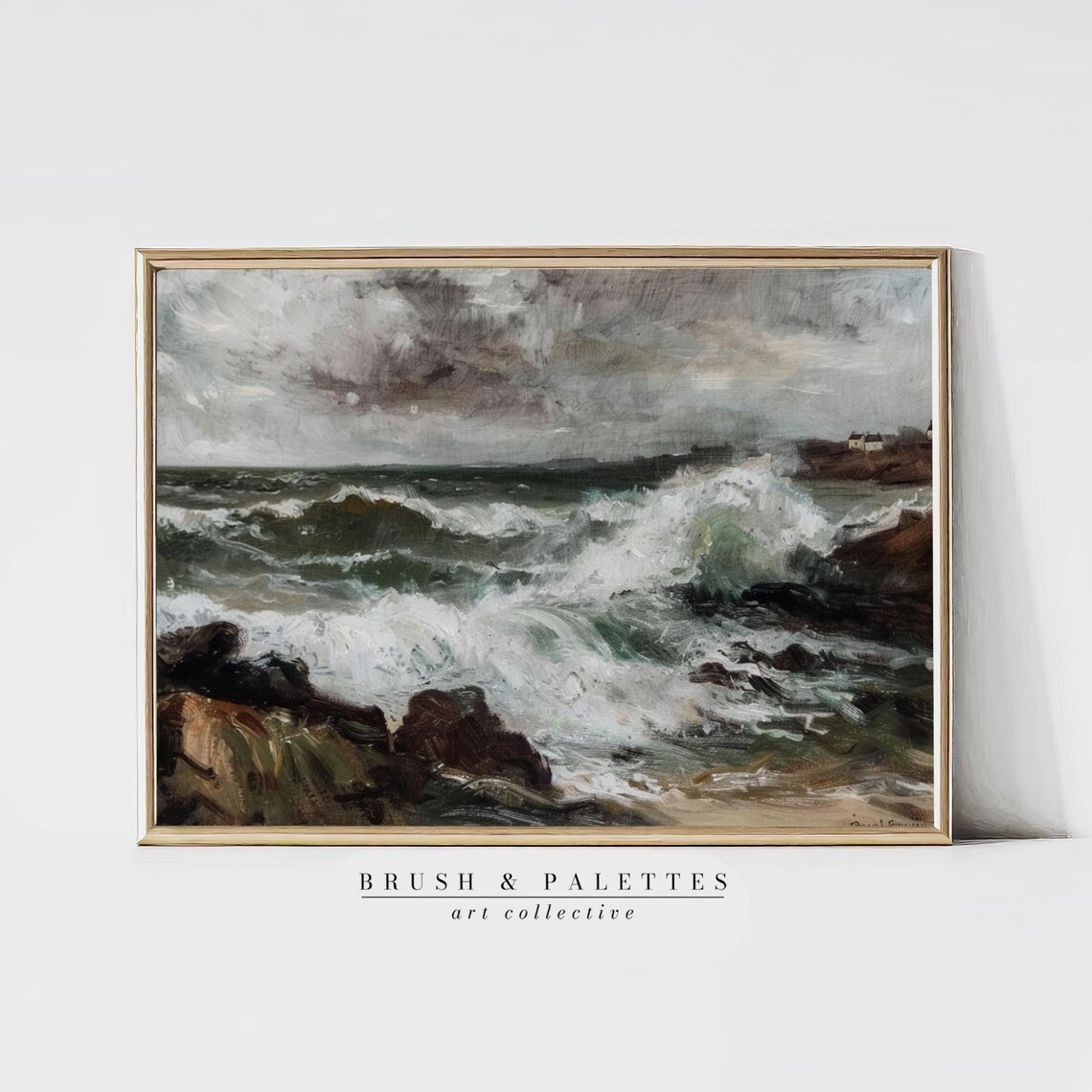 Stormy Sea With Crashing Waves Moody Coastal Oil Painting Poster