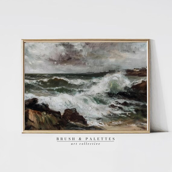 Stormy Sea With Crashing Waves Moody Coastal Oil Painting Poster