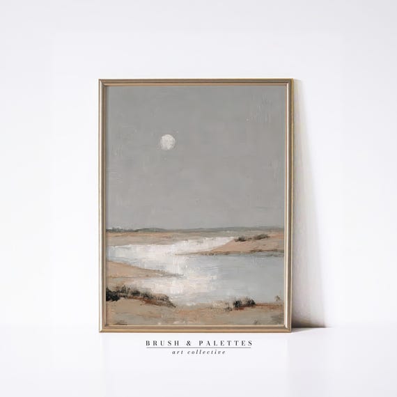 Minimalist River Landscape Print Abstract Seascape Wall Art Neutral Beige Blue Tones Moonlit Painting For Contemporary Homes
