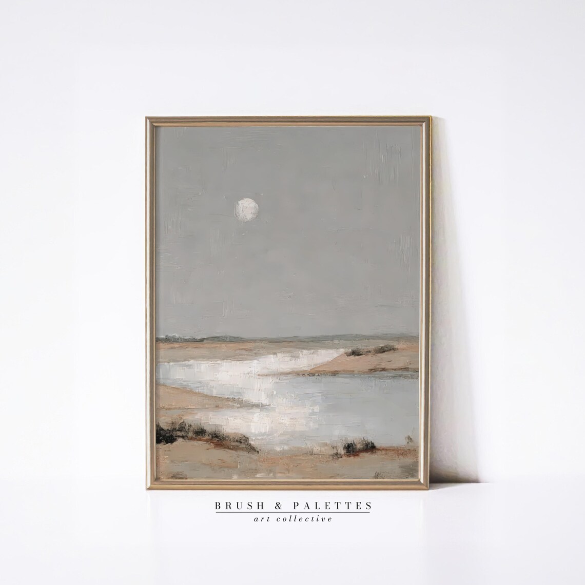 Moon Over River Abstract Painting Minimalist Neutral Beach Wall Art