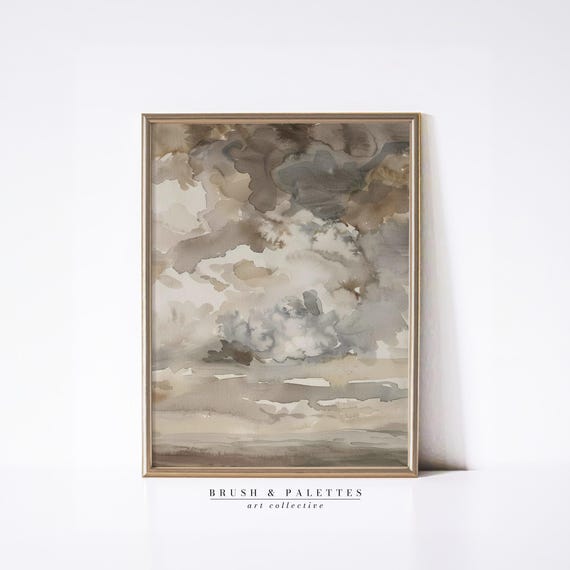 Abstract Watercolor Cloudscape Print Neutral Beige Gray Sky Art Minimalist Painting For Calm Earthy Home Decor