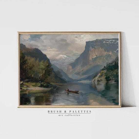 Moody Mountain Print Serene Lake And Cliff Art Tranquil Nature Painting For Rustic Lodge Cabin Adventure Wall Decor