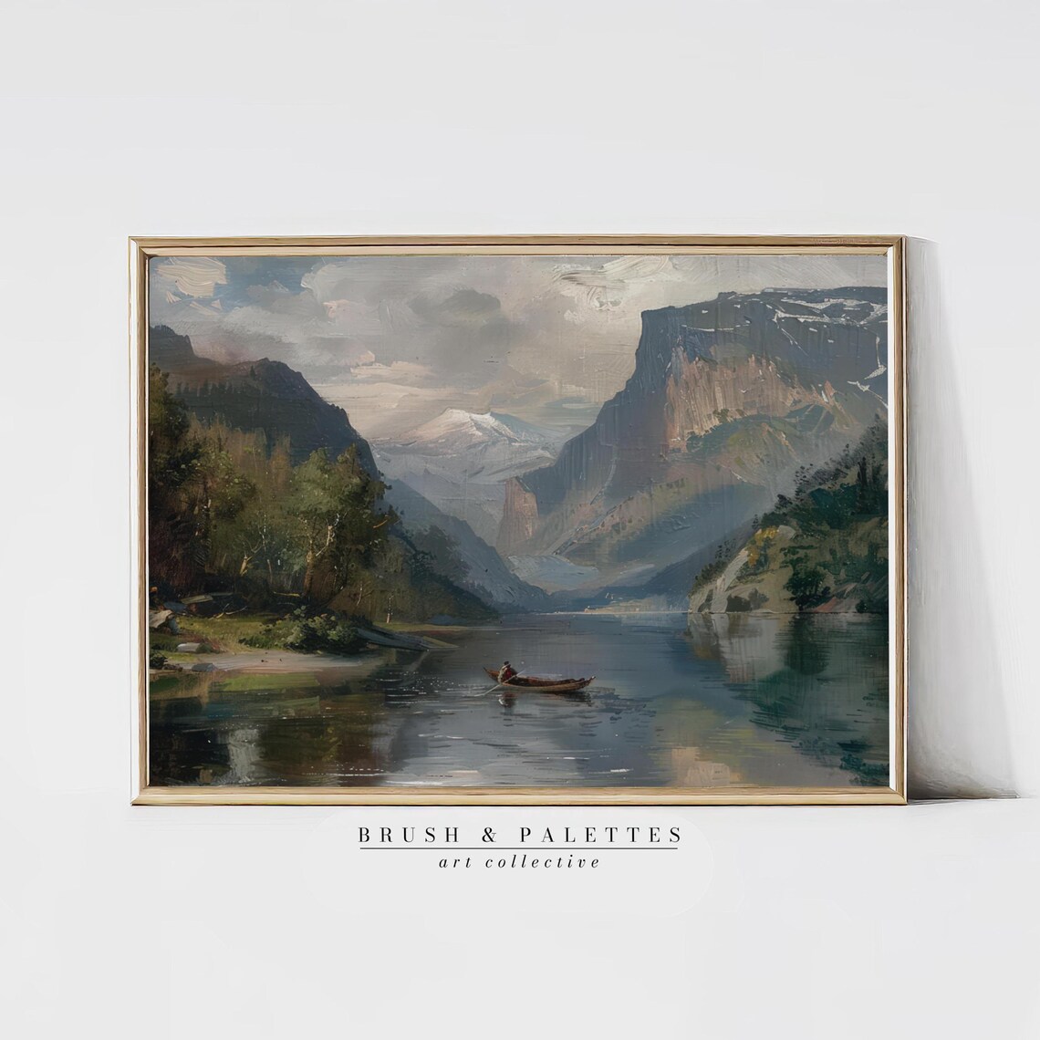 Mountain River Valley Canoe Fisherman Scenic Vintage Landscape Poster