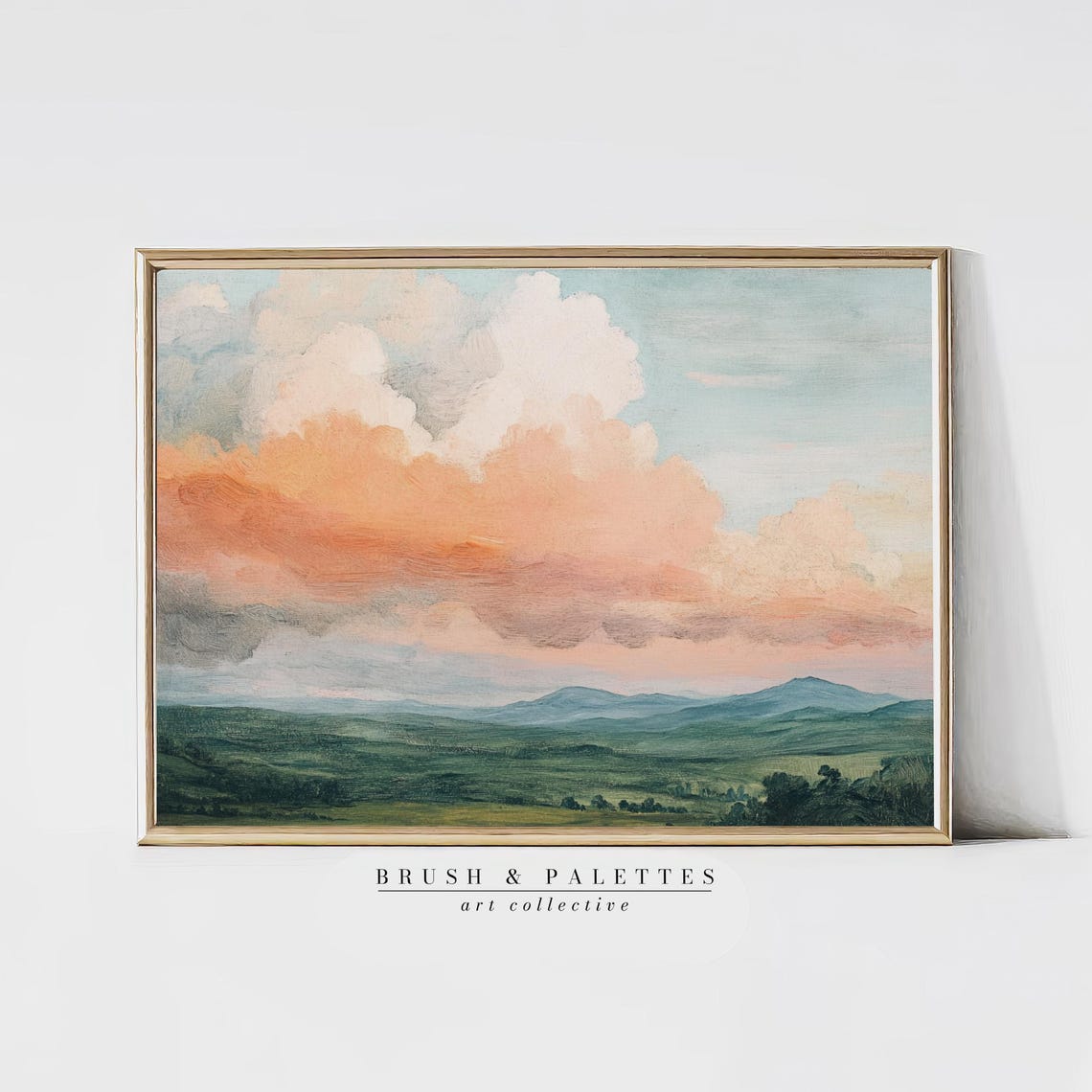 Peach Sunset Clouds Over Green Rolling Hills Landscape Print