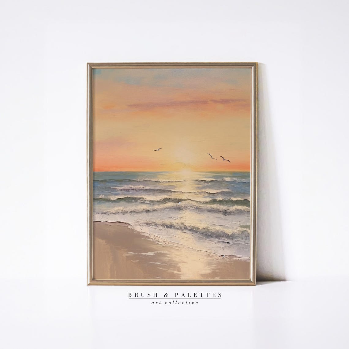 Pastel Beach Sunset With Ocean Waves And Seagulls Coastal Poster