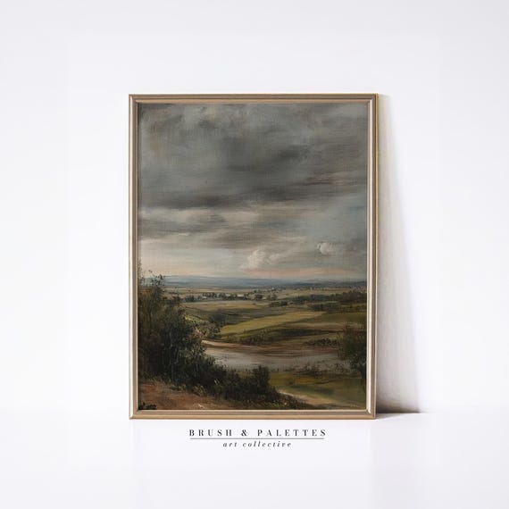 Countryside Landscape Painting With Moody Skies Rustic Wall Art In Earthy Tones Pastoral Decor For Farmhouseinspired Homes