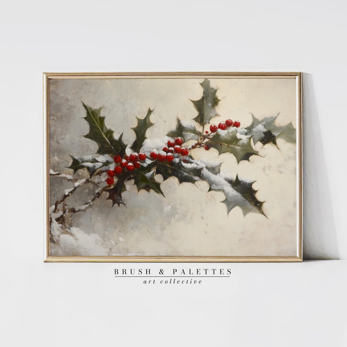 Snowy Holly Branch With Red Berries Vintage Winter Botanical Poster