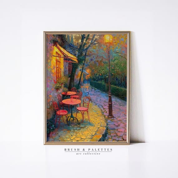 Evening Caf Scene Painting Oilstyle Street Art With Red Tables Lights Pastel Urban Decor For Eclectic Or Boho Homes