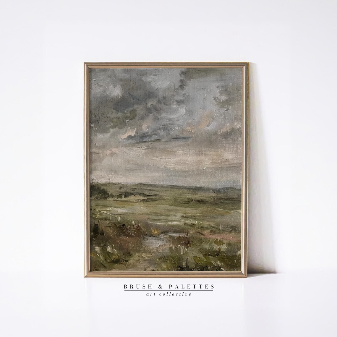 Moody Green Field Under Gray Cloudy Sky Tonal Landscape Poster