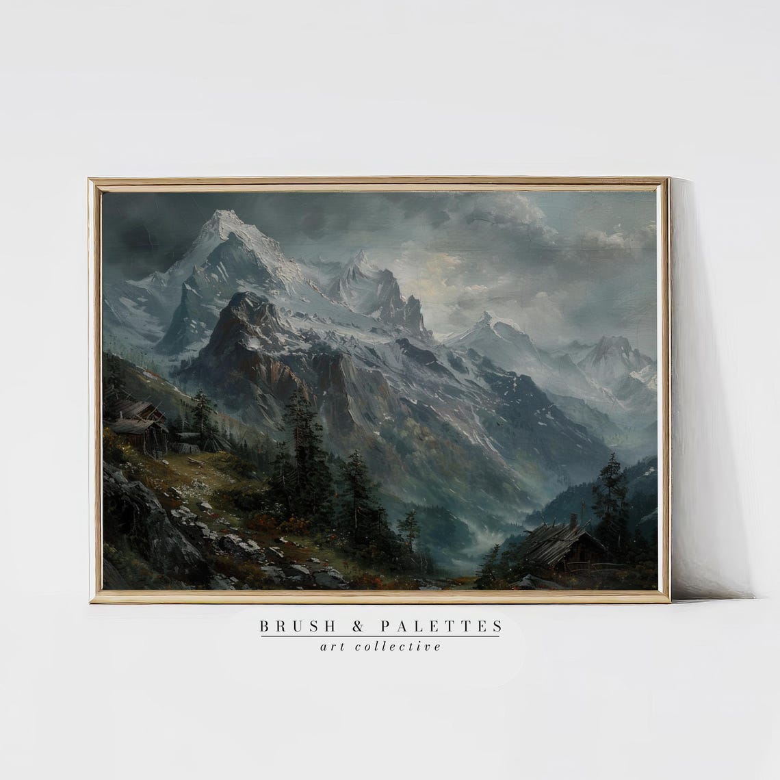 Snowy Alpine Mountain Peaks Painting Rustic Cabins Winter Wall Art
