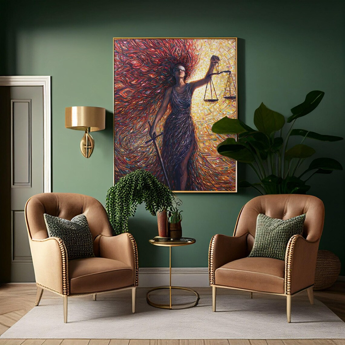 Lady Justice With Scales And Sword In Fiery Red Abstract Painting Poster