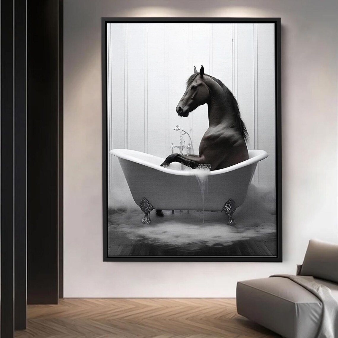 Black Horse Relaxing In Vintage Bathtub Surreal Photo Art Poster