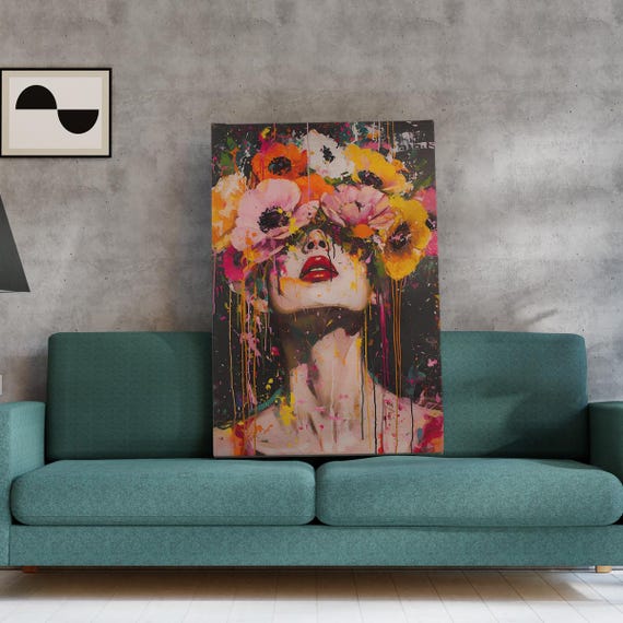 Colorful Floral Woman Portrait Canvas Wall Art Modern Abstract Face Painting Vibrant Flowers Splash Home Decor