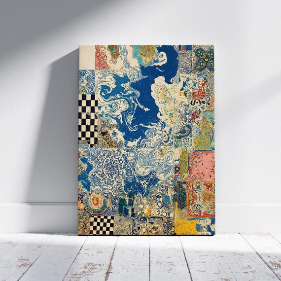 Colorful Turkish Ebru Abstract Wall Art Islamic Patterned Decorative Canvas Oriental Mixed Media Print Cultural Home Decor